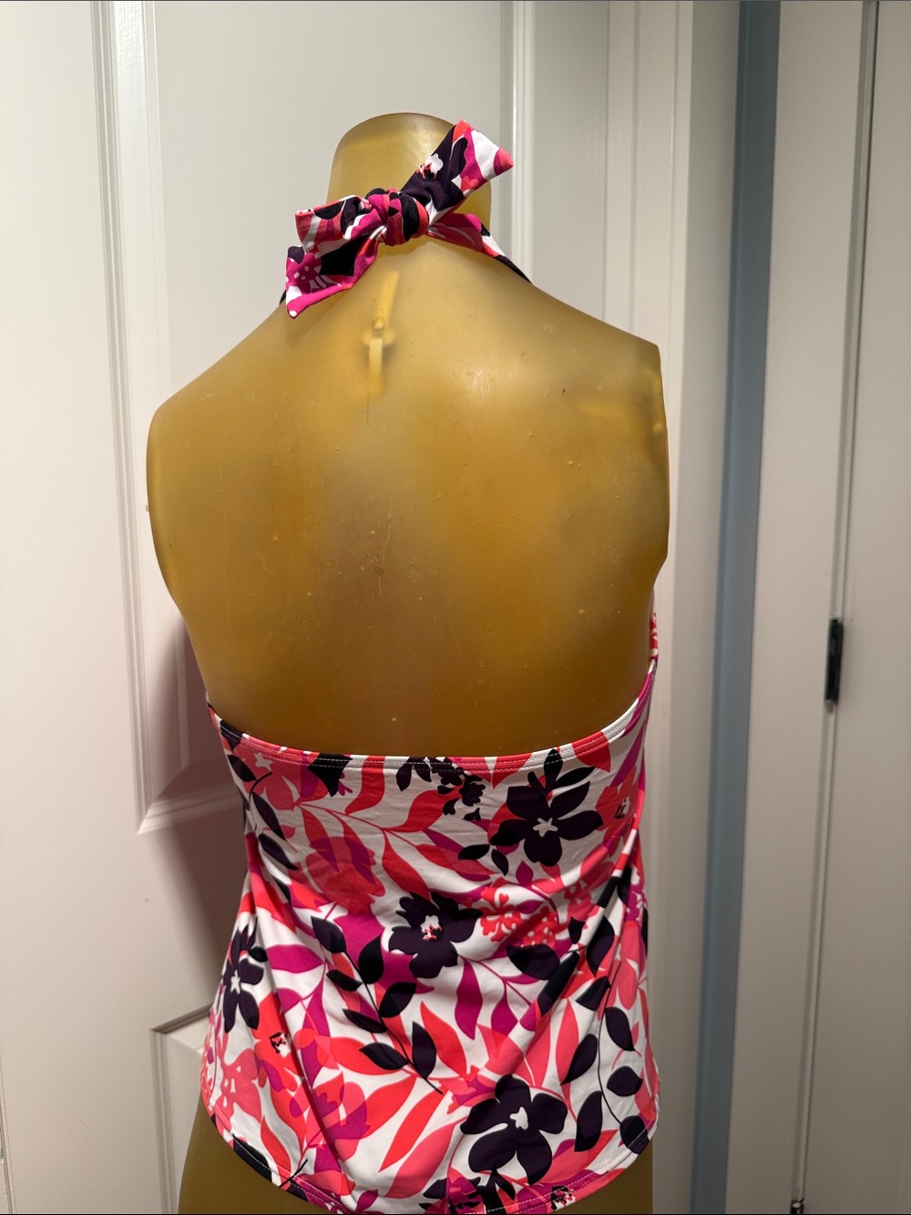 Swim Top-Floral Halter Tankini Top in Pink & Black by Lands End - Picture 2 of 5